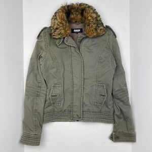 Y2K Fur Collar Grunge Green Jacket Bongo Women's Medium Distressed Military